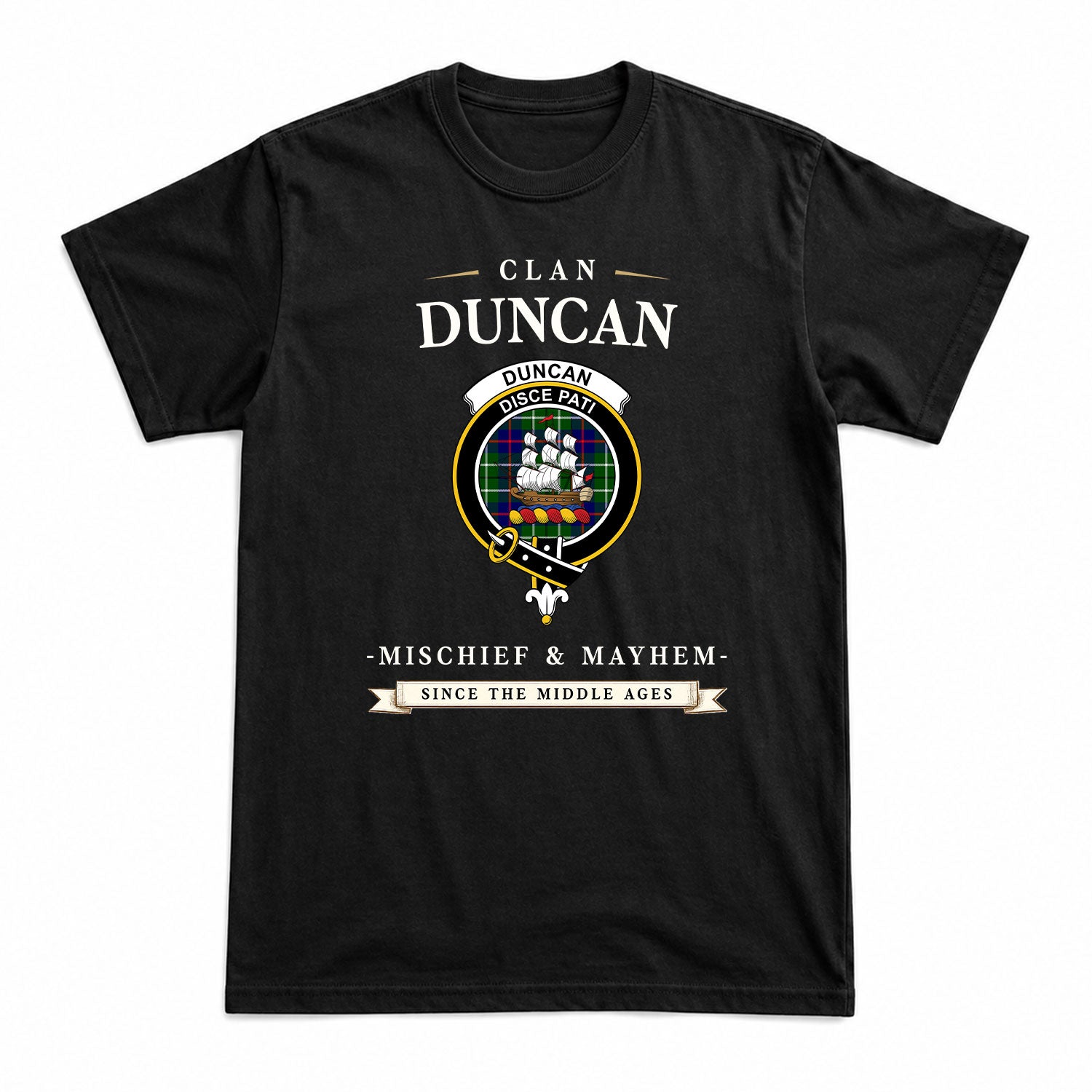 Duncan Modern Tartan Crest Mischief and Mayhem T-shirt