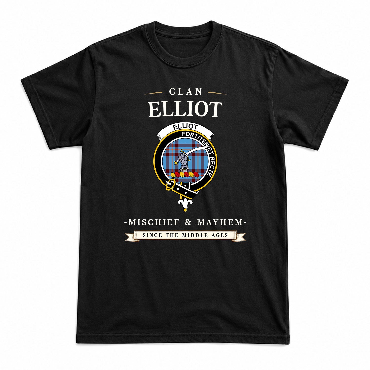 Elliot Ancient Tartan Crest Mischief and Mayhem T-shirt