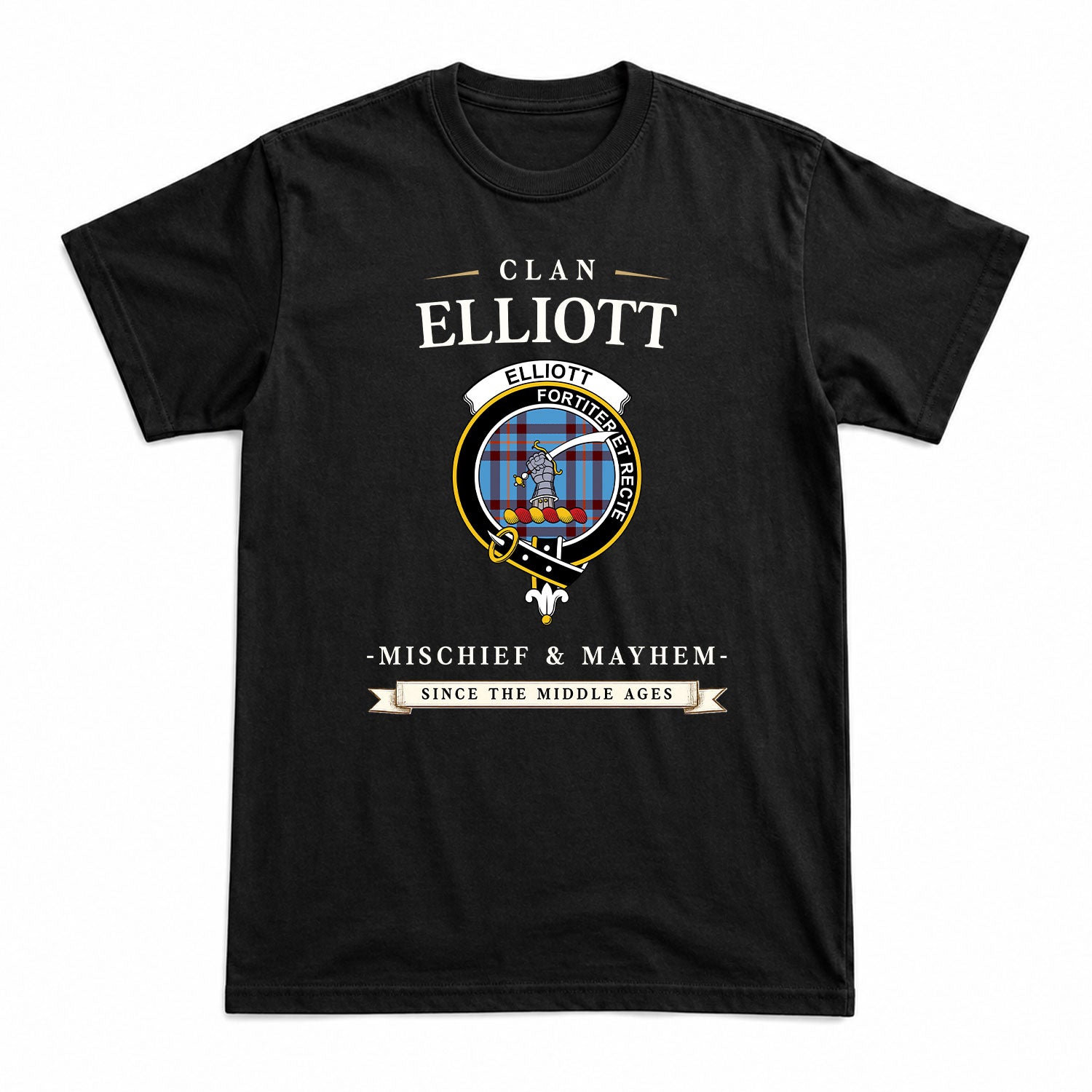Elliott Ancient Tartan Crest Mischief and Mayhem T-shirt