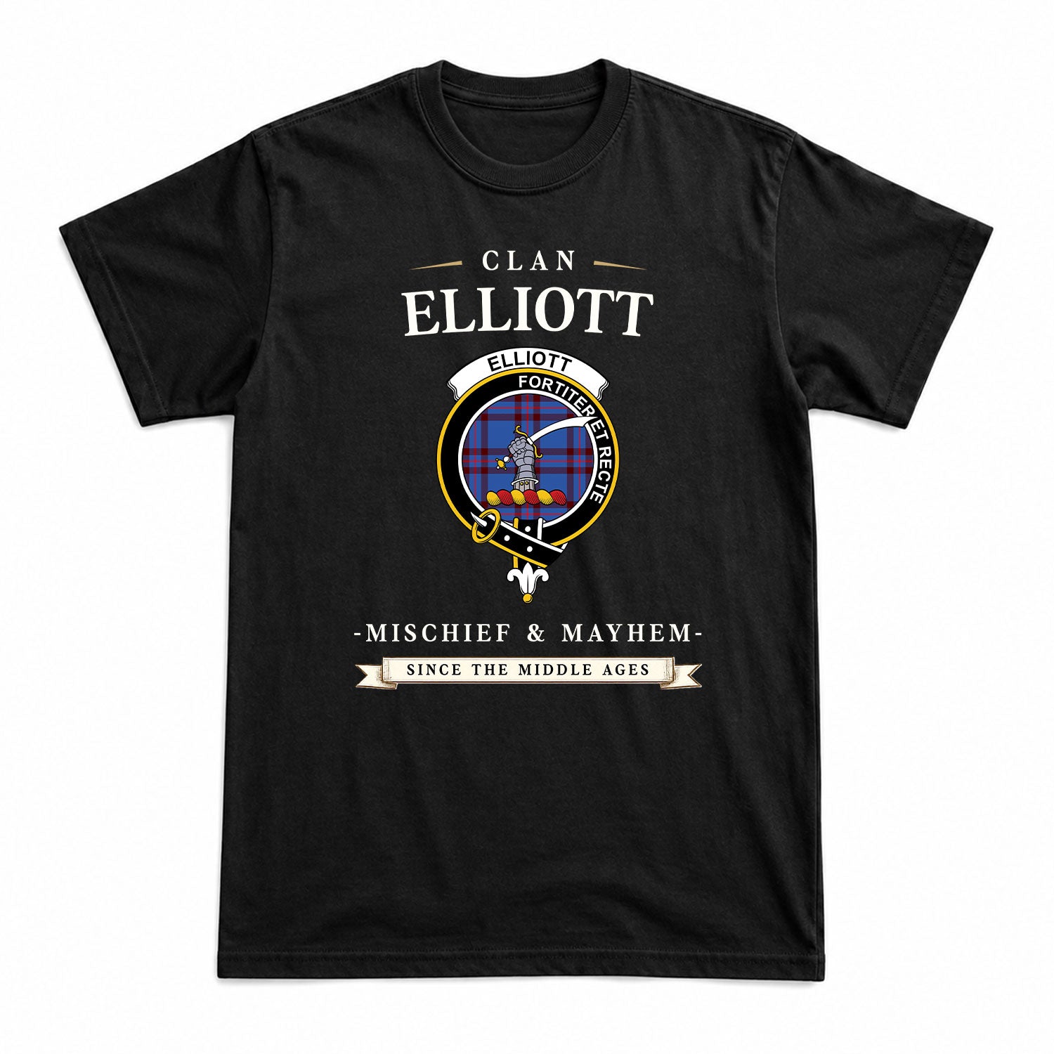 Elliott Modern Tartan Crest Mischief and Mayhem T-shirt