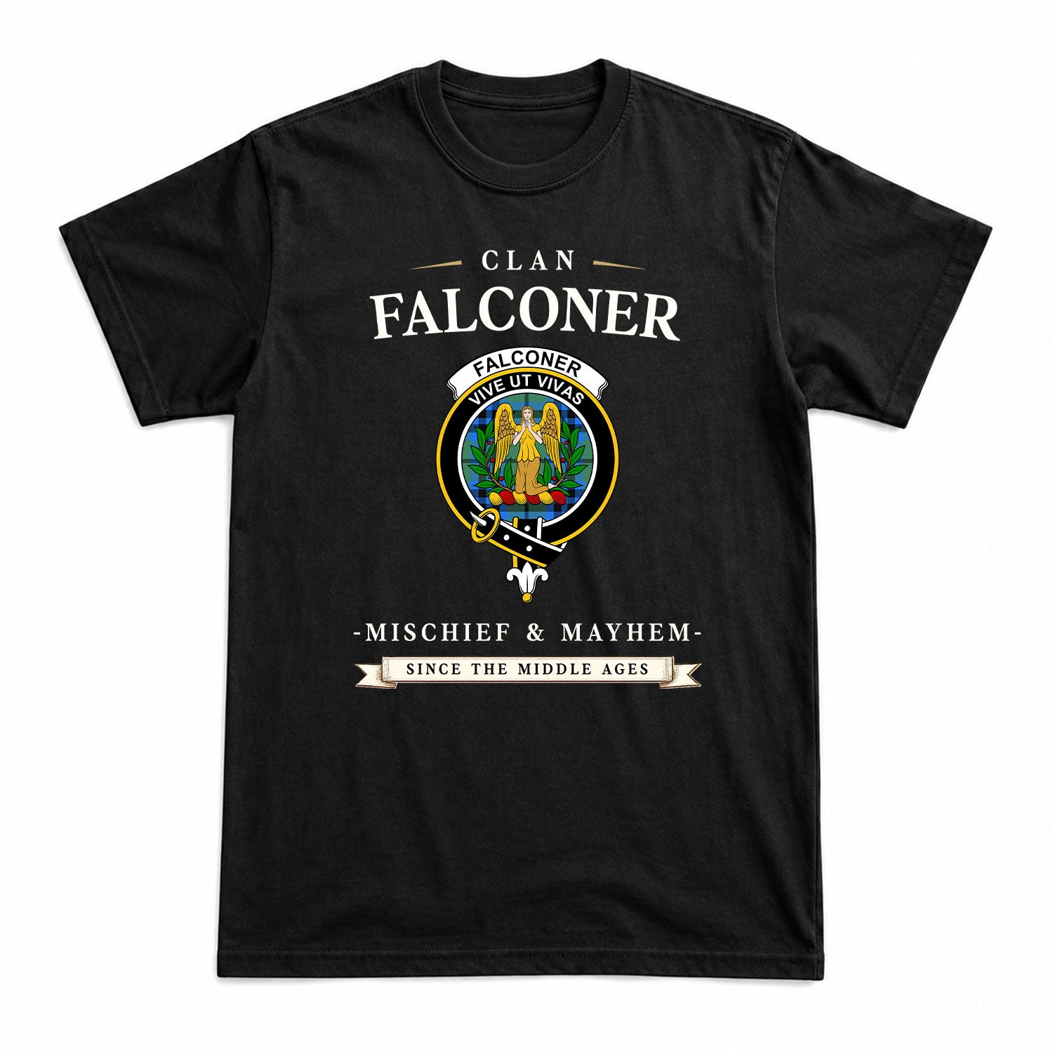 Falconer Tartan Crest Mischief and Mayhem T-shirt