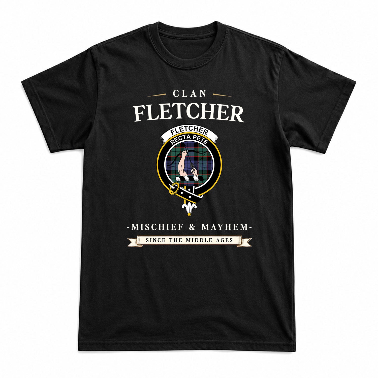 Fletcher Modern Tartan Crest Mischief and Mayhem T-shirt