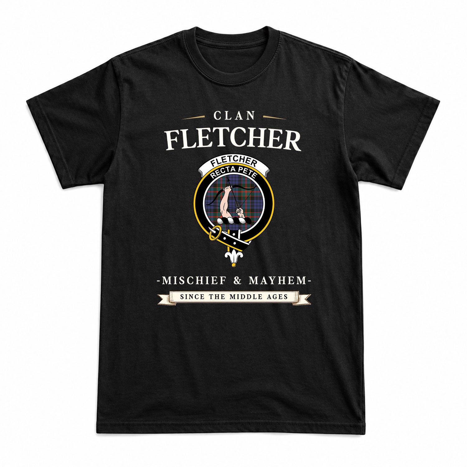 Fletcher of Dunans Tartan Crest Mischief and Mayhem T-shirt