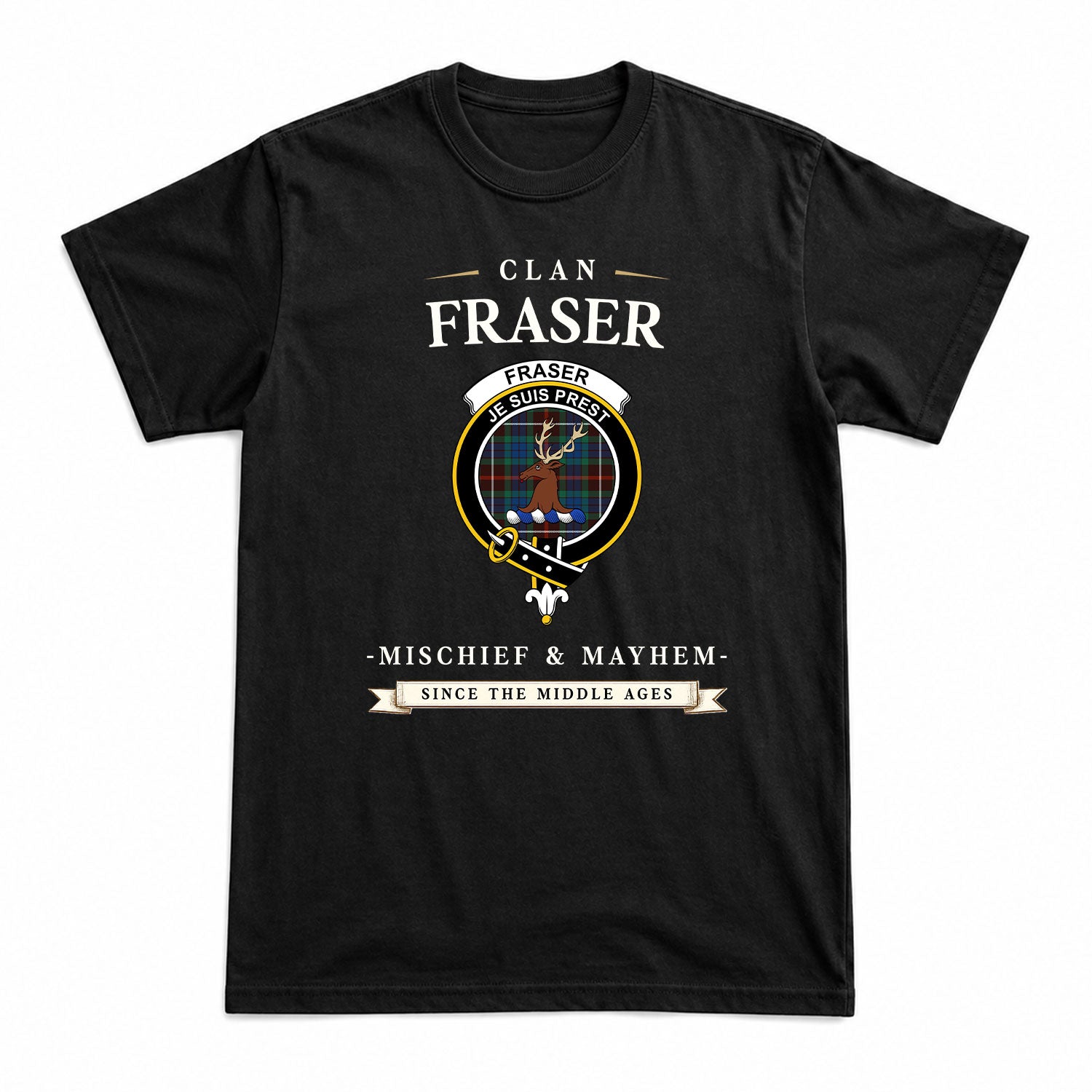 Fraser (of Lovat) Hunting Ancient Tartan Crest Mischief and Mayhem T-shirt