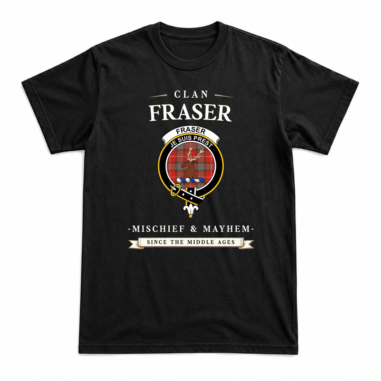 Fraser (of Lovat) Weathered Tartan Crest Mischief and Mayhem T-shirt