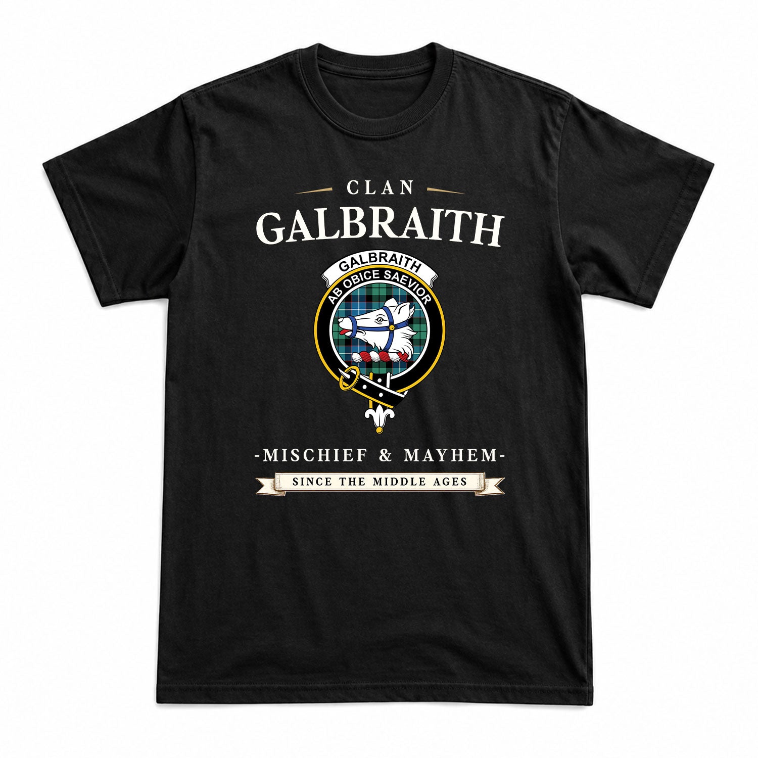 Galbraith Ancient Tartan Crest Mischief and Mayhem T-shirt