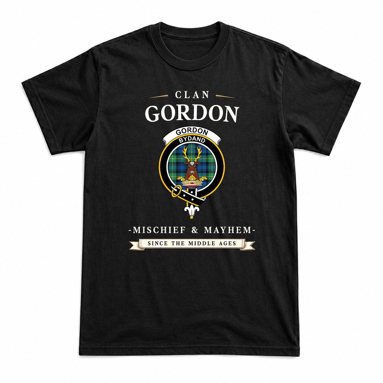 Gordon Ancient Tartan Crest Mischief and Mayhem T-shirt