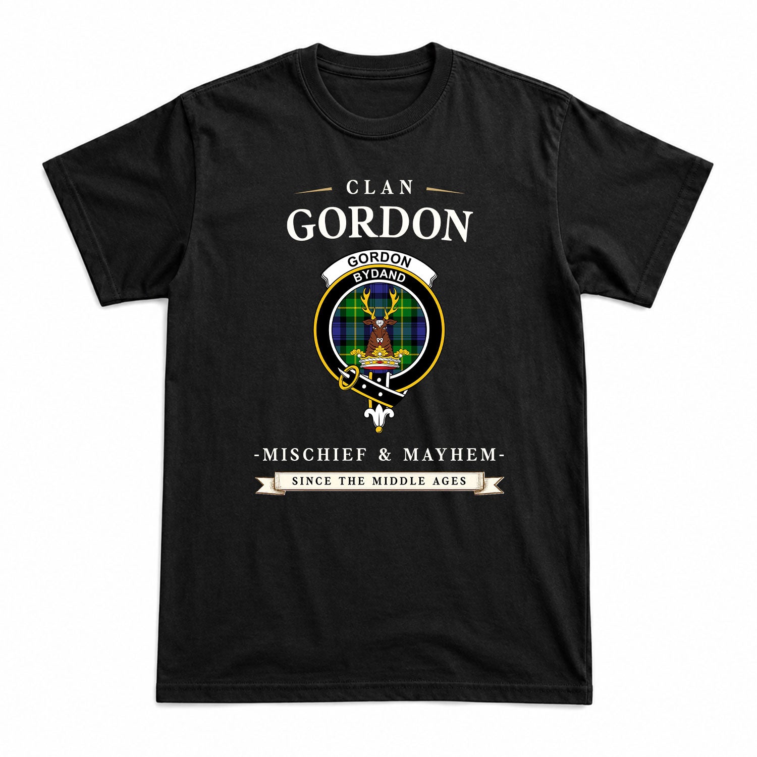 Gordon Modern Tartan Crest Mischief and Mayhem T-shirt