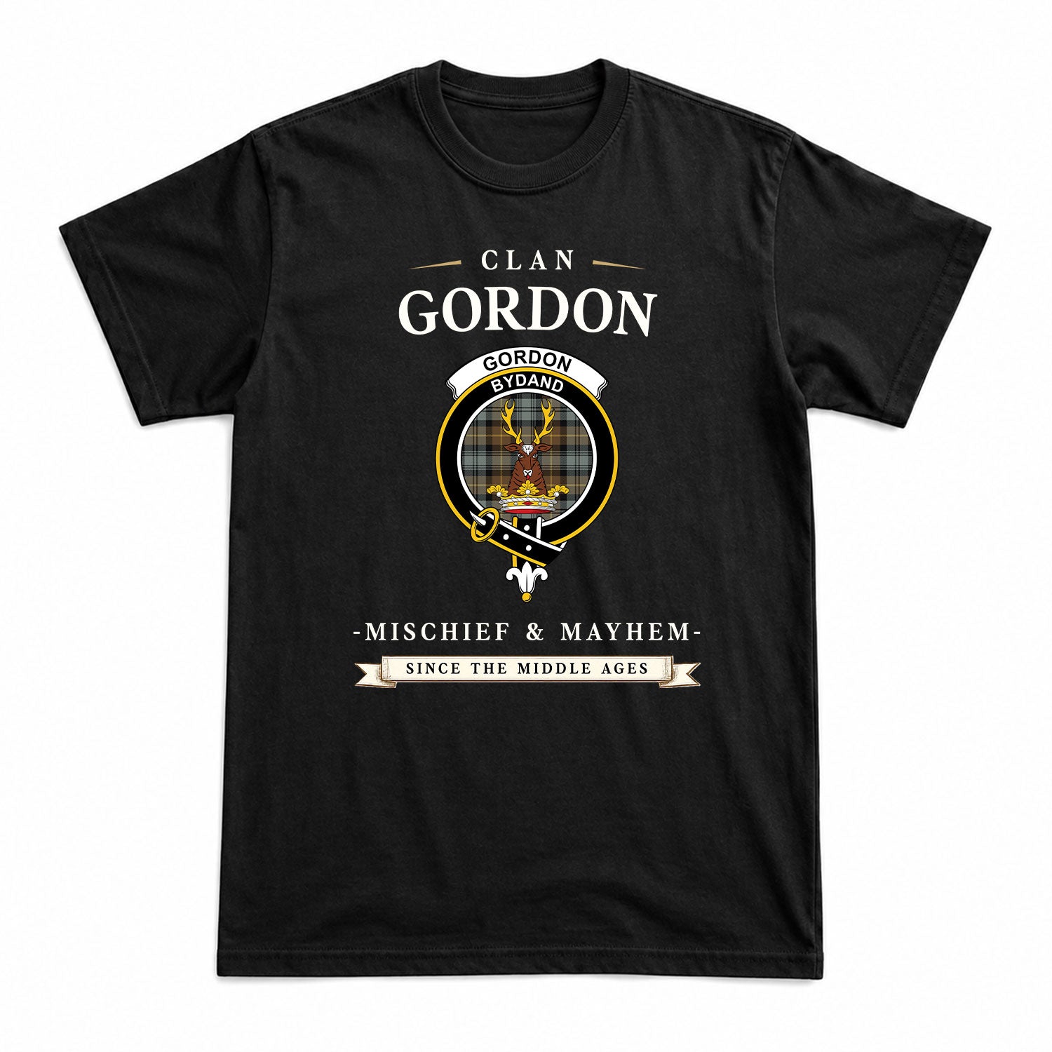 Gordon Weathered Tartan Crest Mischief and Mayhem T-shirt