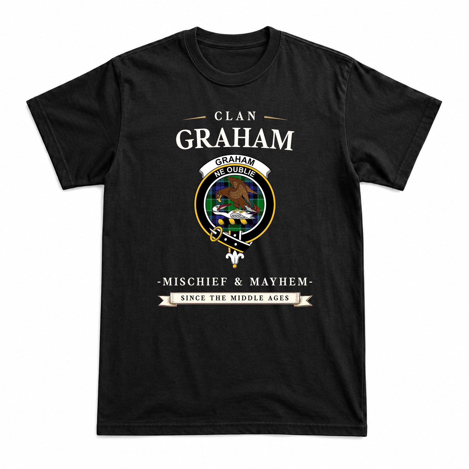 Graham of Menteith Modern Tartan Crest Mischief and Mayhem T-shirt