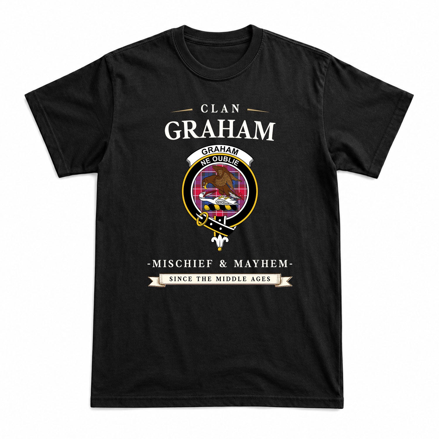Graham of Menteith Red Tartan Crest Mischief and Mayhem T-shirt