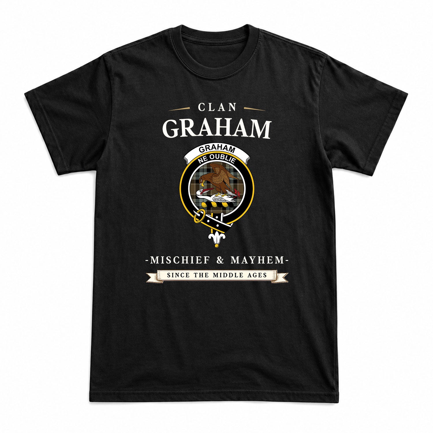 Graham of Menteith Weathered Tartan Crest Mischief and Mayhem T-shirt
