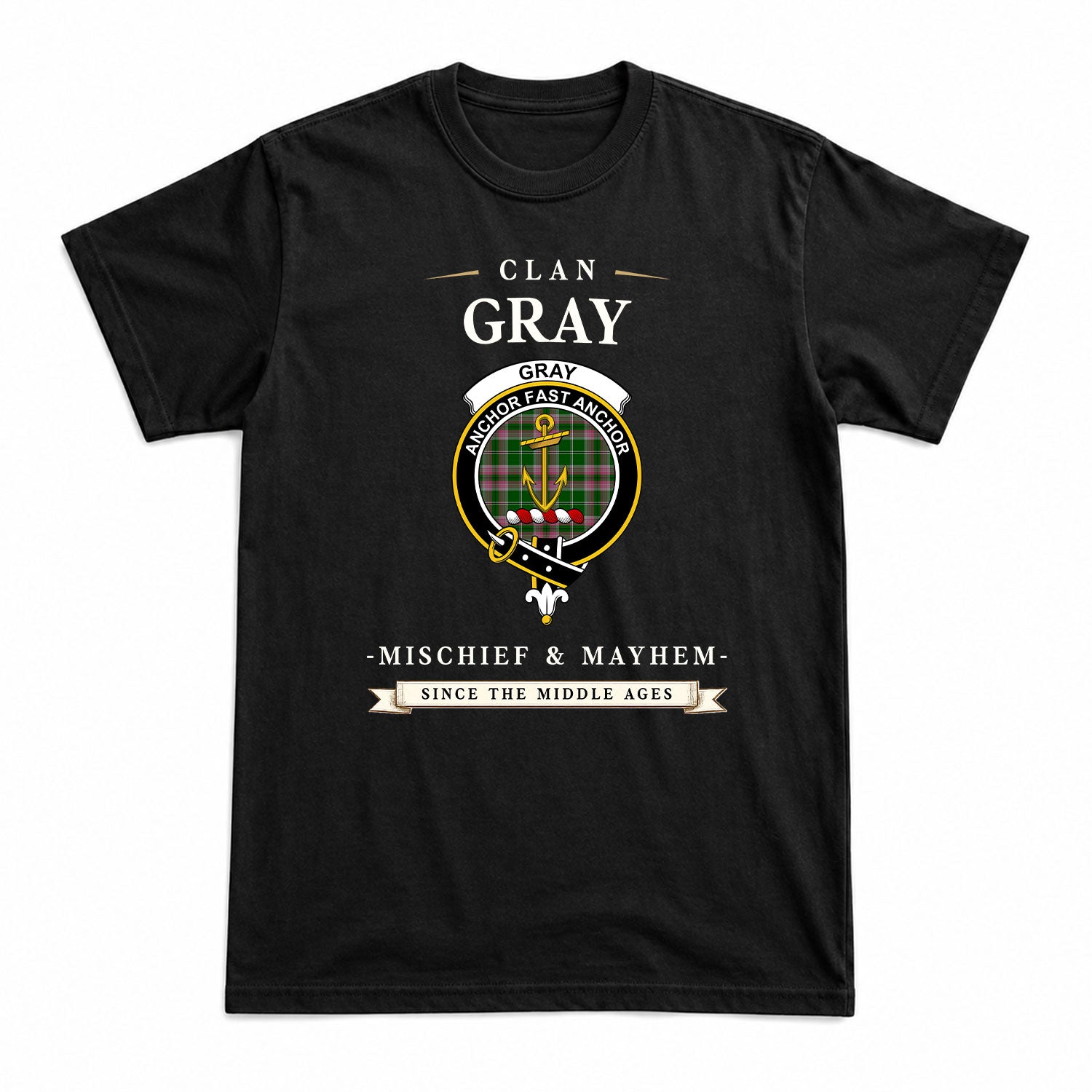 Gray Hunting Tartan Crest Mischief and Mayhem T-shirt