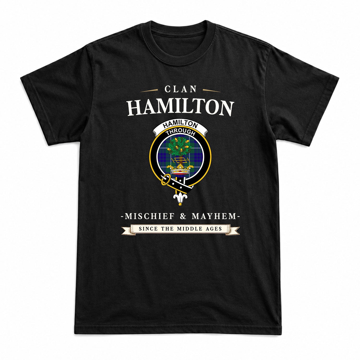 Hamilton Hunting Modern Tartan Crest Mischief and Mayhem T-shirt