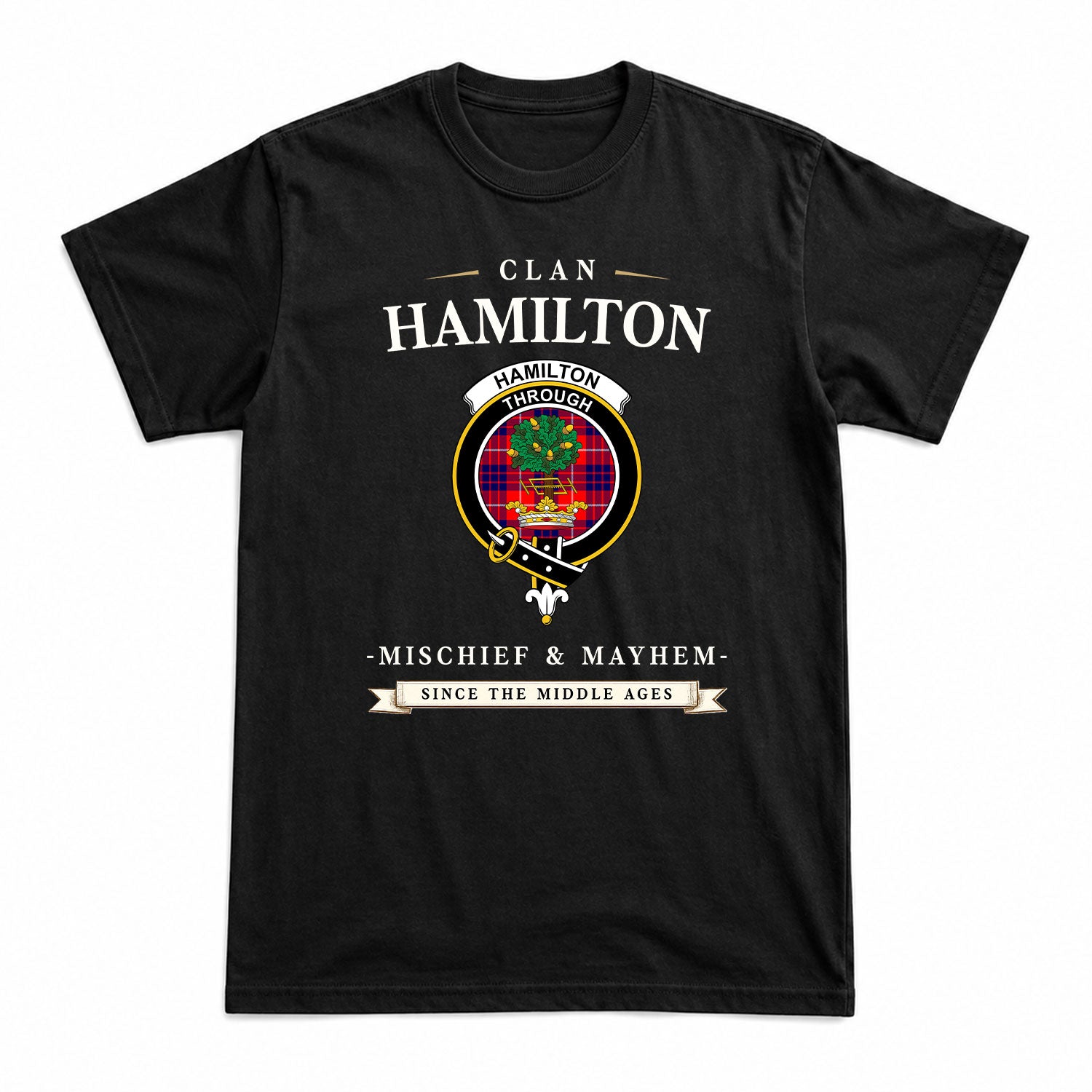 Hamilton Modern Tartan Crest Mischief and Mayhem T-shirt