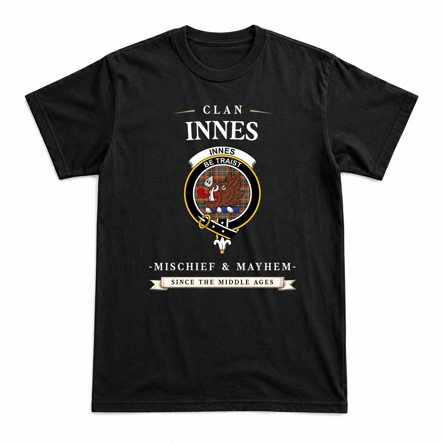 Innes Ancient Tartan Crest Mischief and Mayhem T-shirt