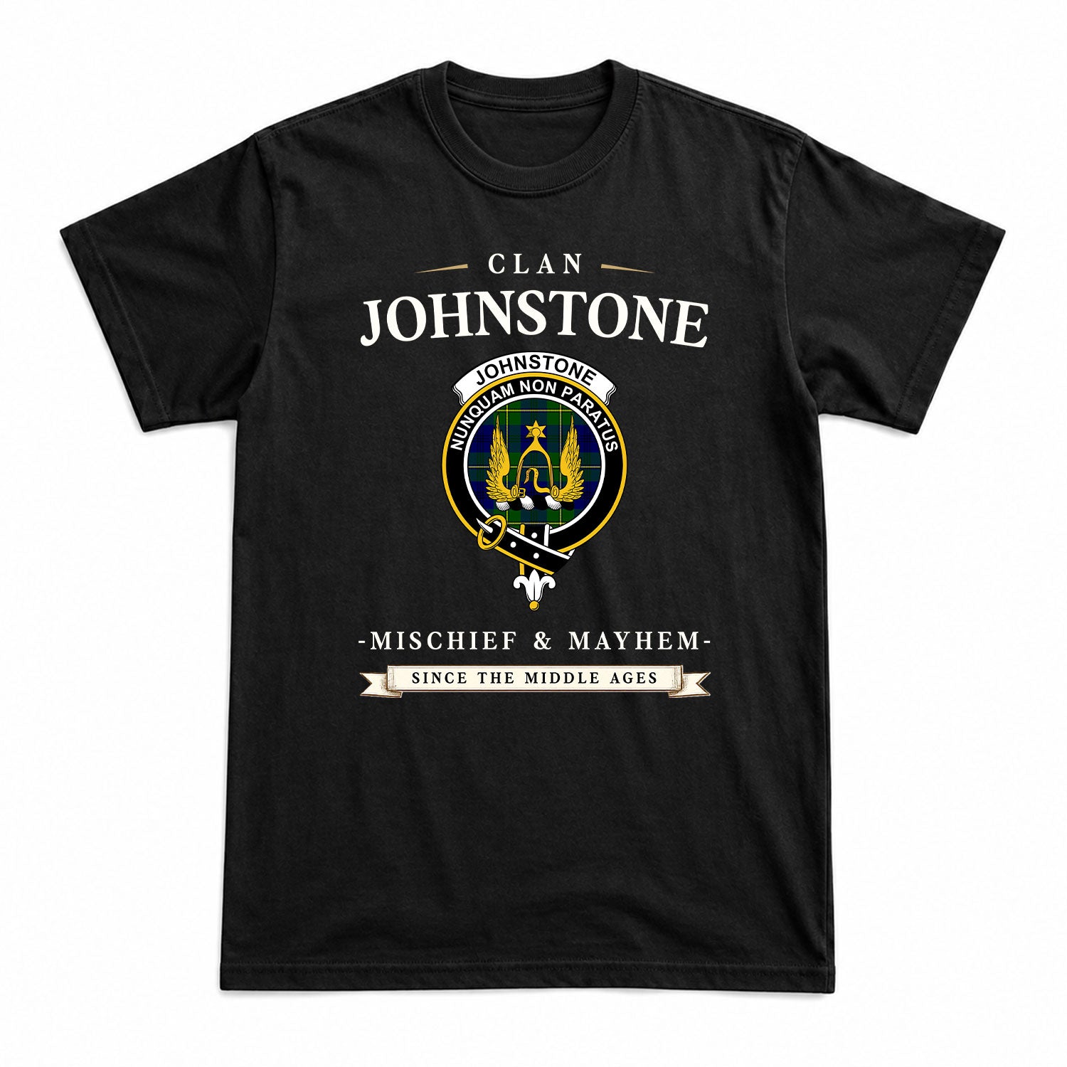 Johnstone Modern Tartan Crest Mischief and Mayhem T-shirt
