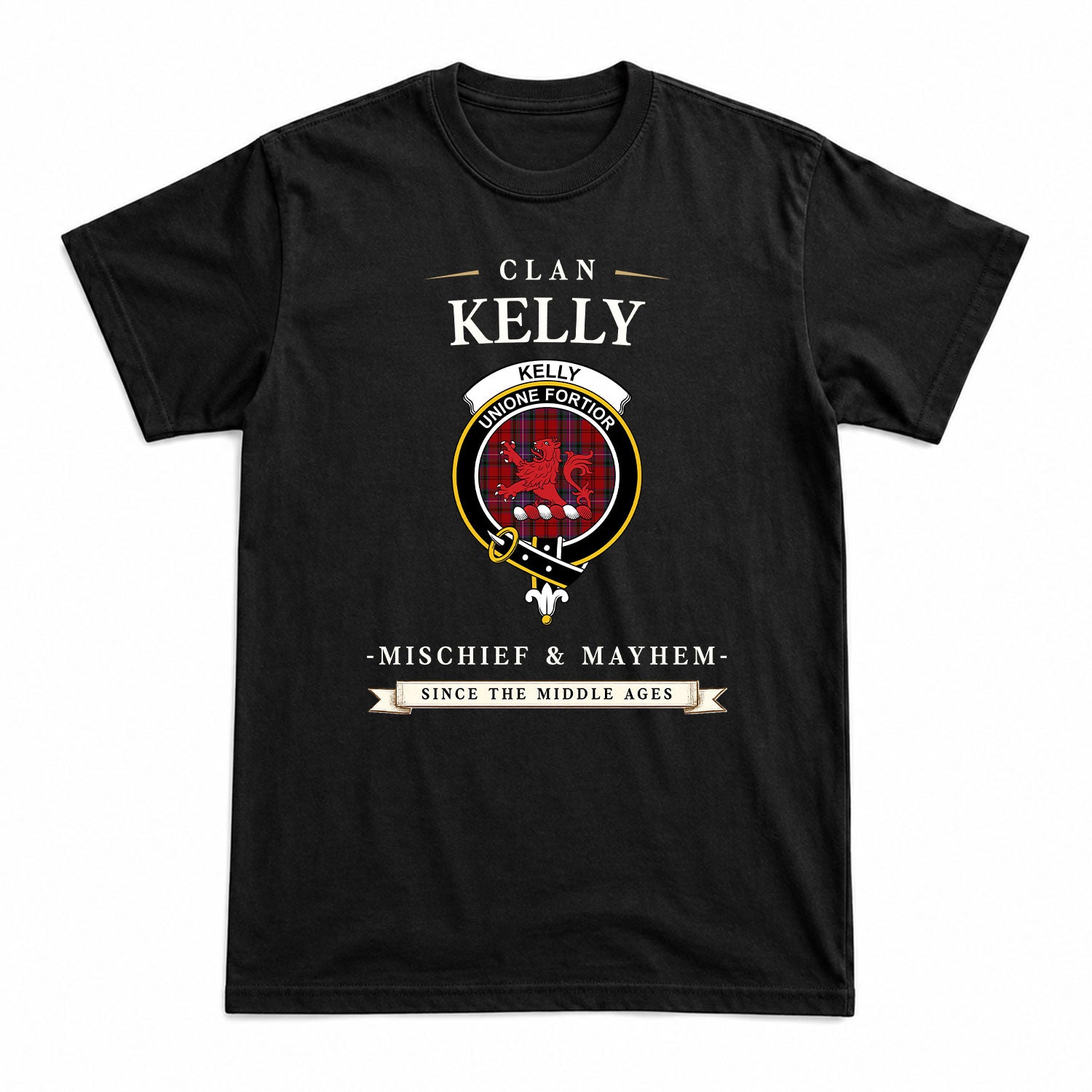 Kelly of Sleat Red Tartan Crest Mischief and Mayhem T-shirt