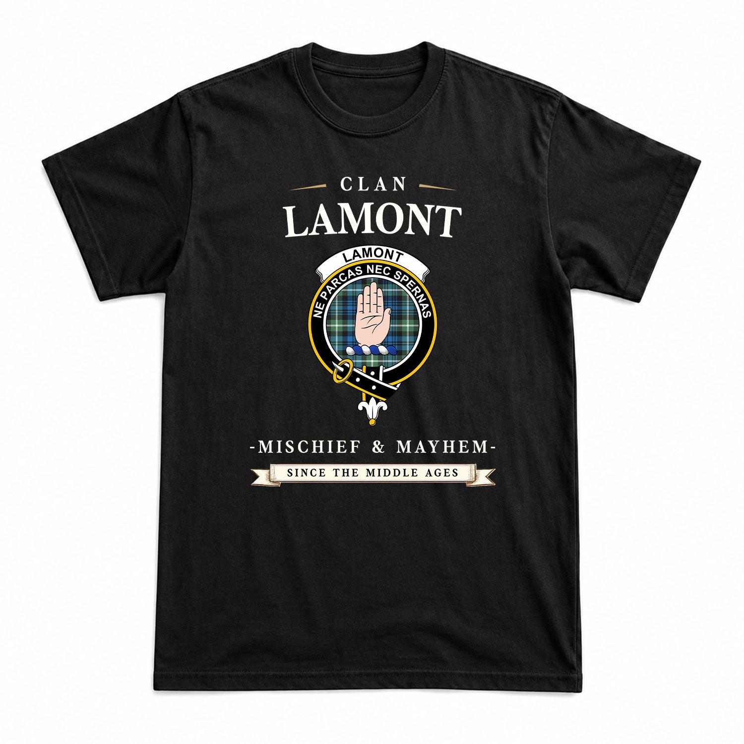 Lamont Ancient Tartan Crest Mischief and Mayhem T-shirt