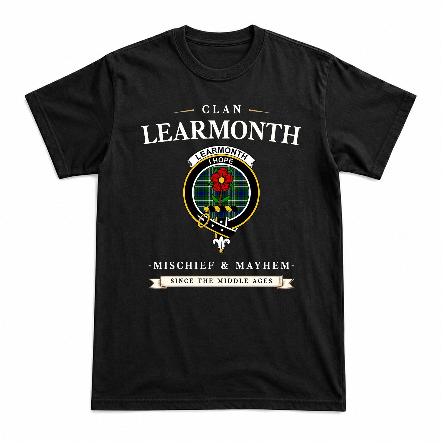 Learmonth Tartan Crest Mischief and Mayhem T-shirt