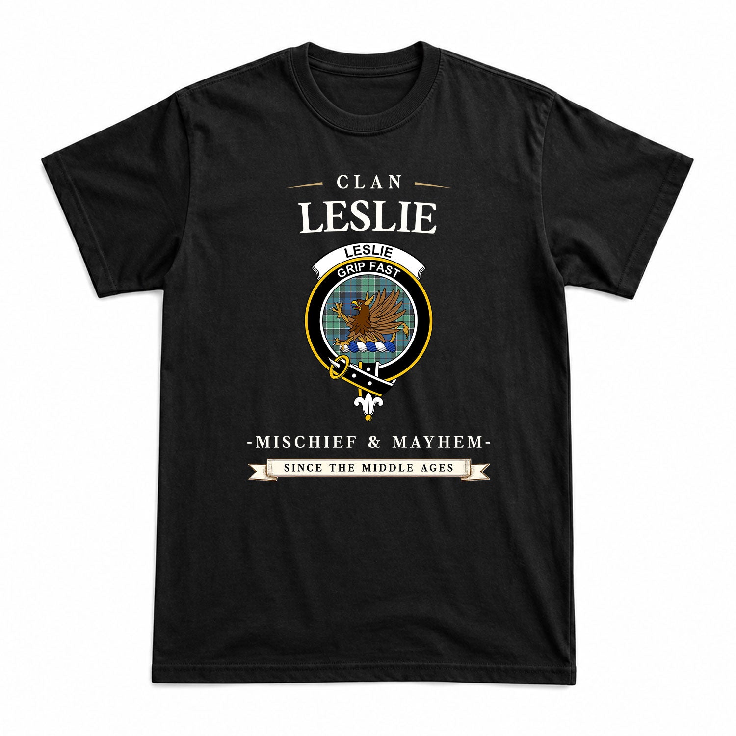 Leslie Hunting Ancient Tartan Crest Mischief and Mayhem T-shirt