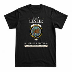 Leslie Hunting Ancient Tartan Crest Mischief and Mayhem T-shirt