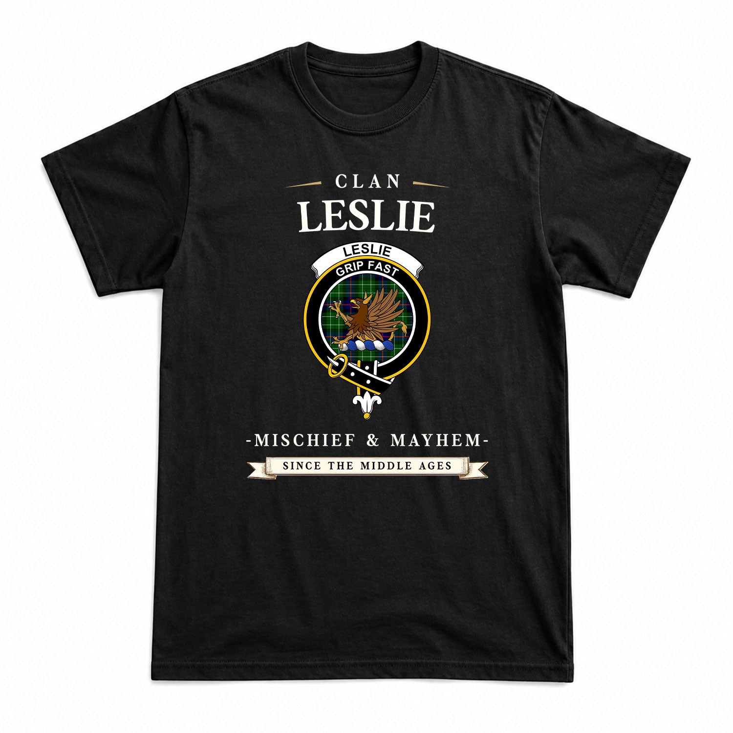 Leslie Hunting Tartan Crest Mischief and Mayhem T-shirt