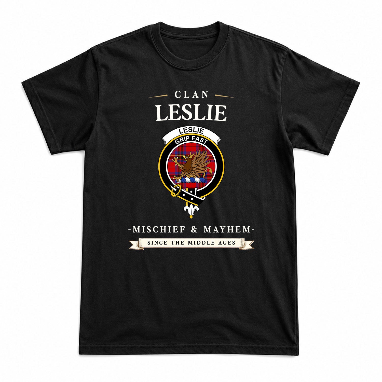 Leslie Modern Tartan Crest Mischief and Mayhem T-shirt
