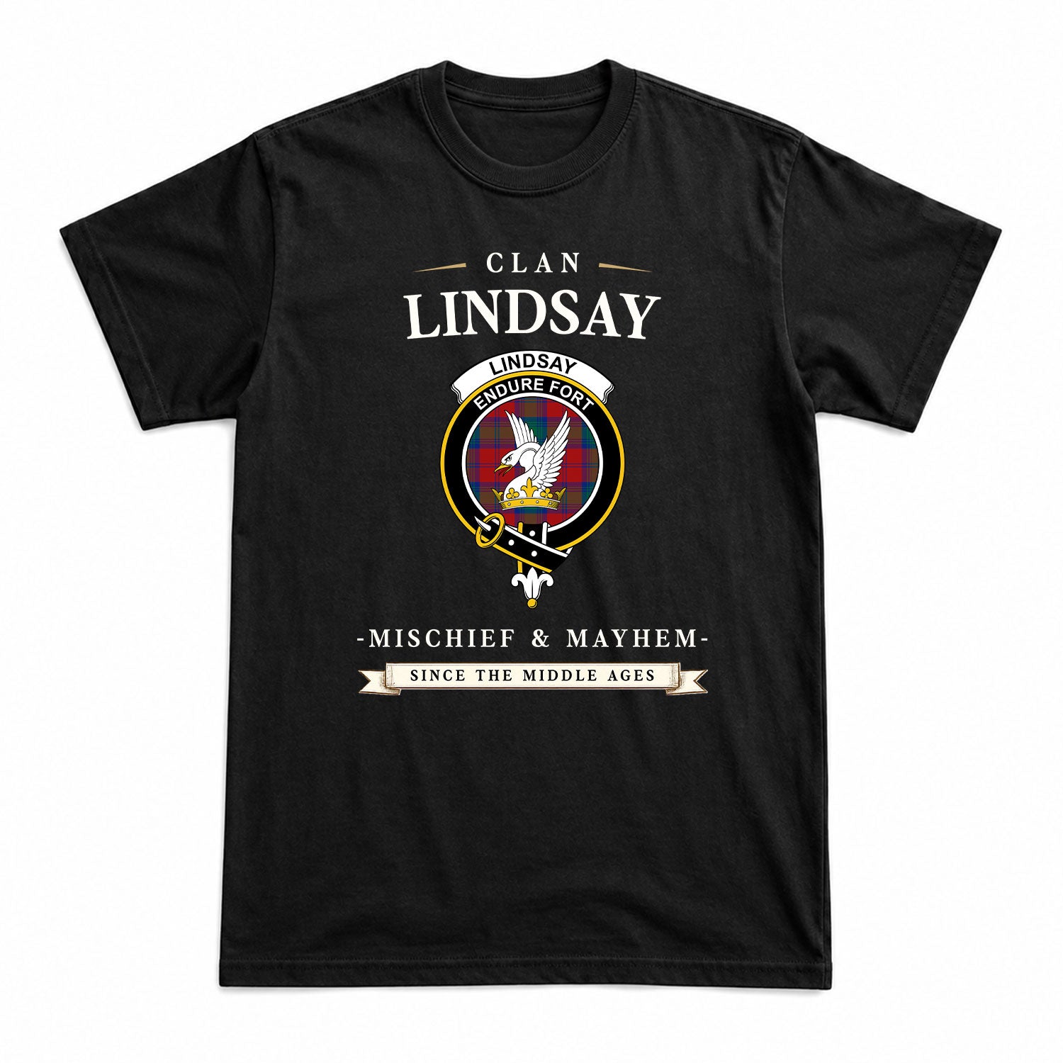 Lindsay Modern Tartan Crest Mischief and Mayhem T-shirt