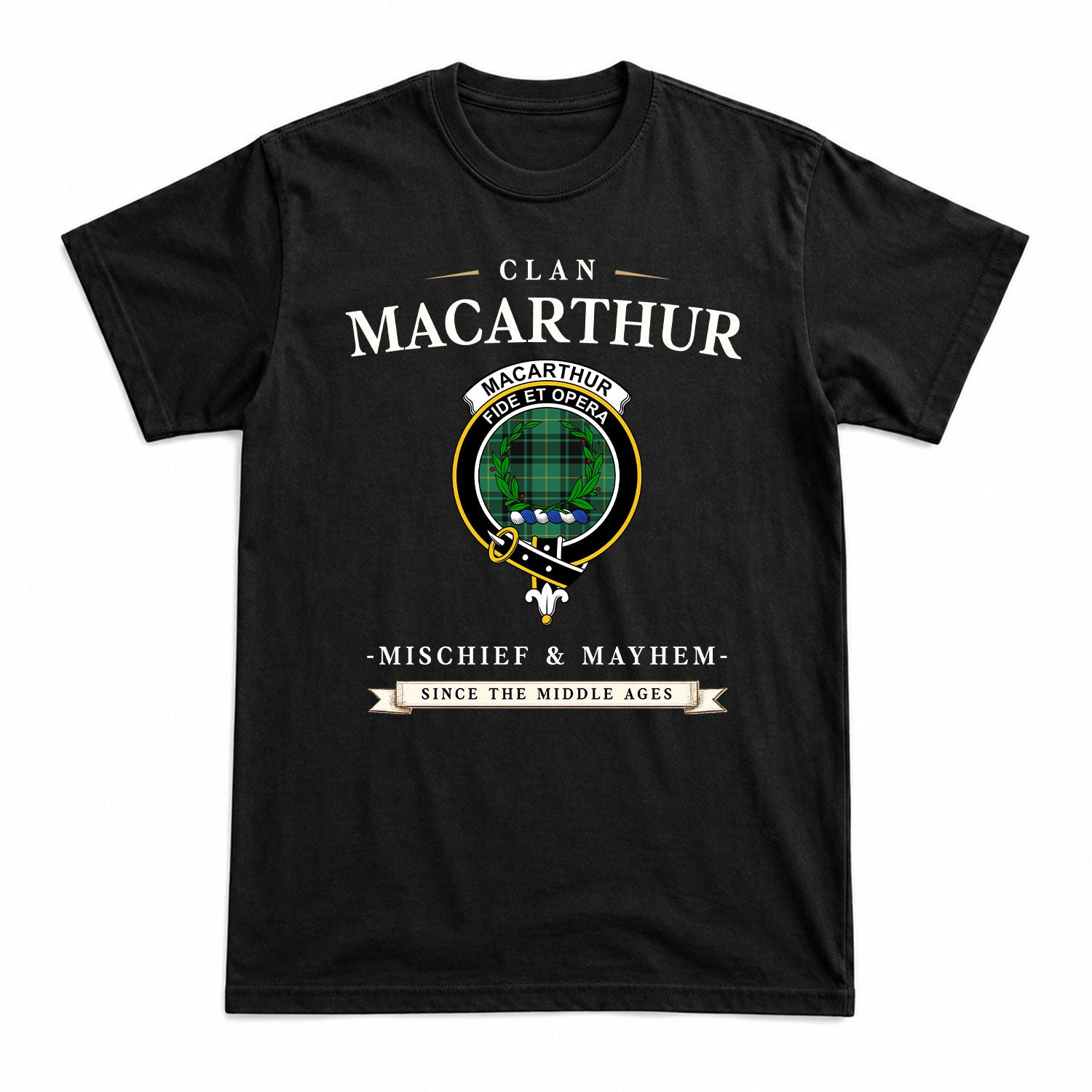 MacArthur Ancient Tartan Crest Mischief and Mayhem T-shirt