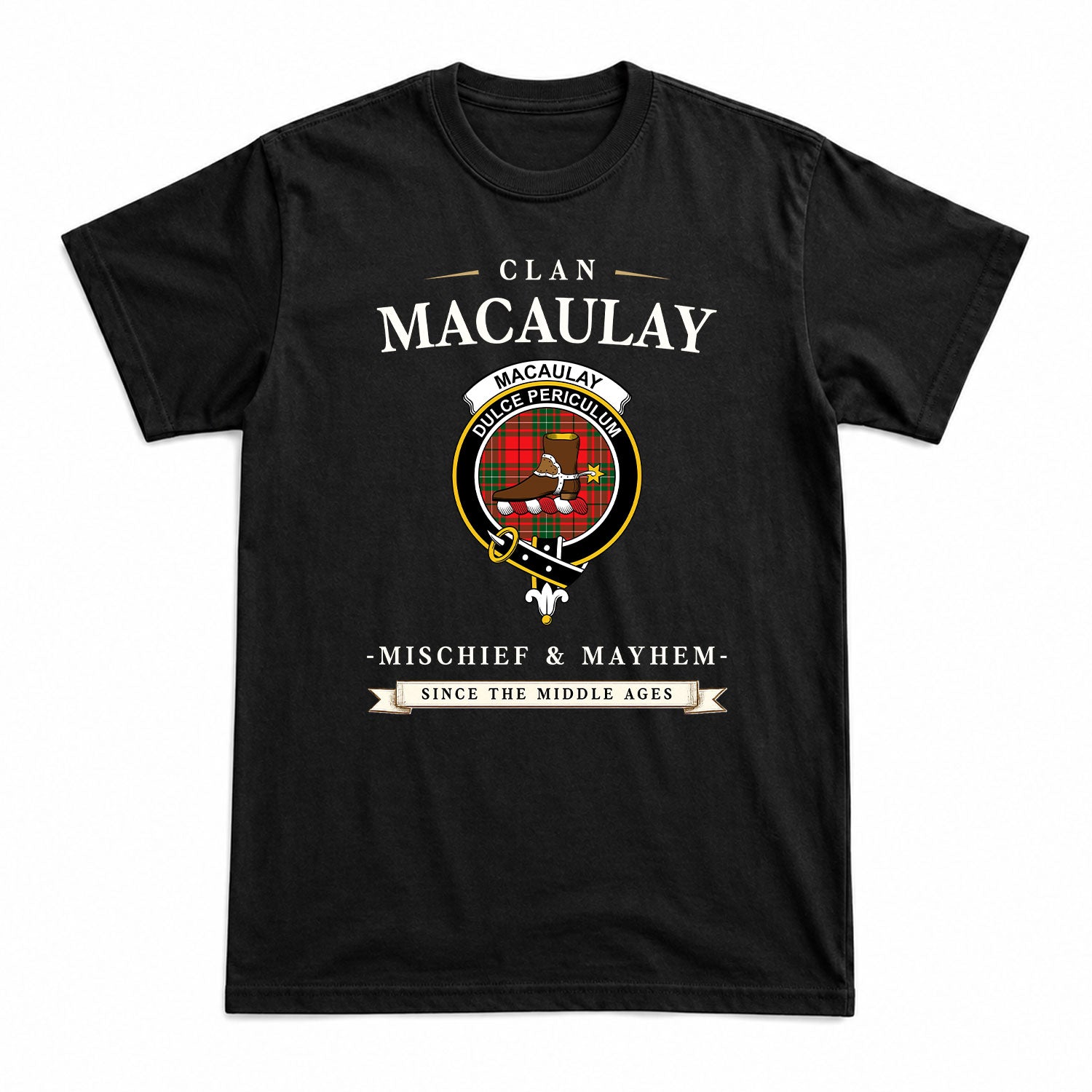 MacAulay Modern Tartan Crest Mischief and Mayhem T-shirt