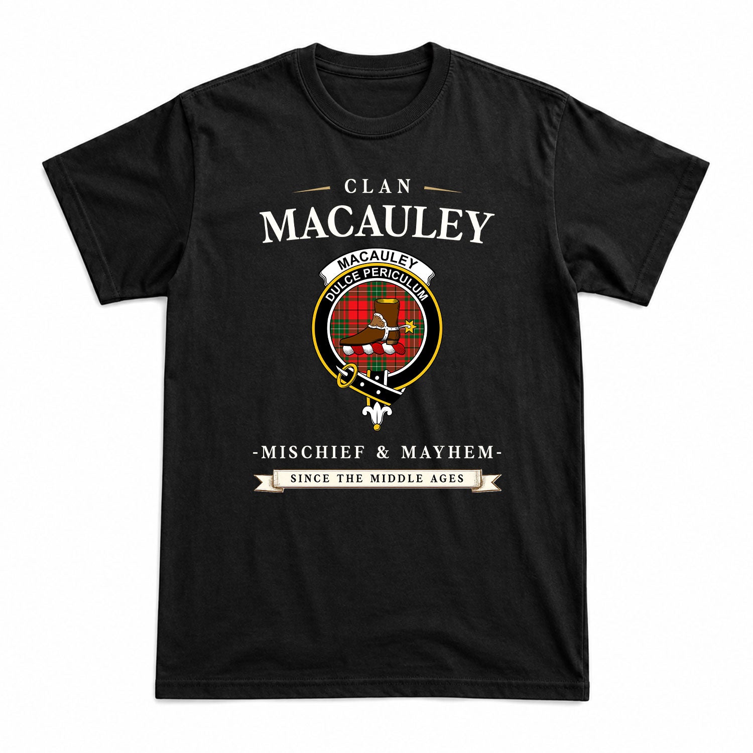 MacAuley Modern Tartan Crest Mischief and Mayhem T-shirt