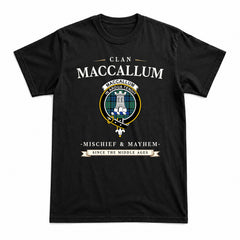 MacCallum Ancient Tartan Crest Mischief and Mayhem T-shirt