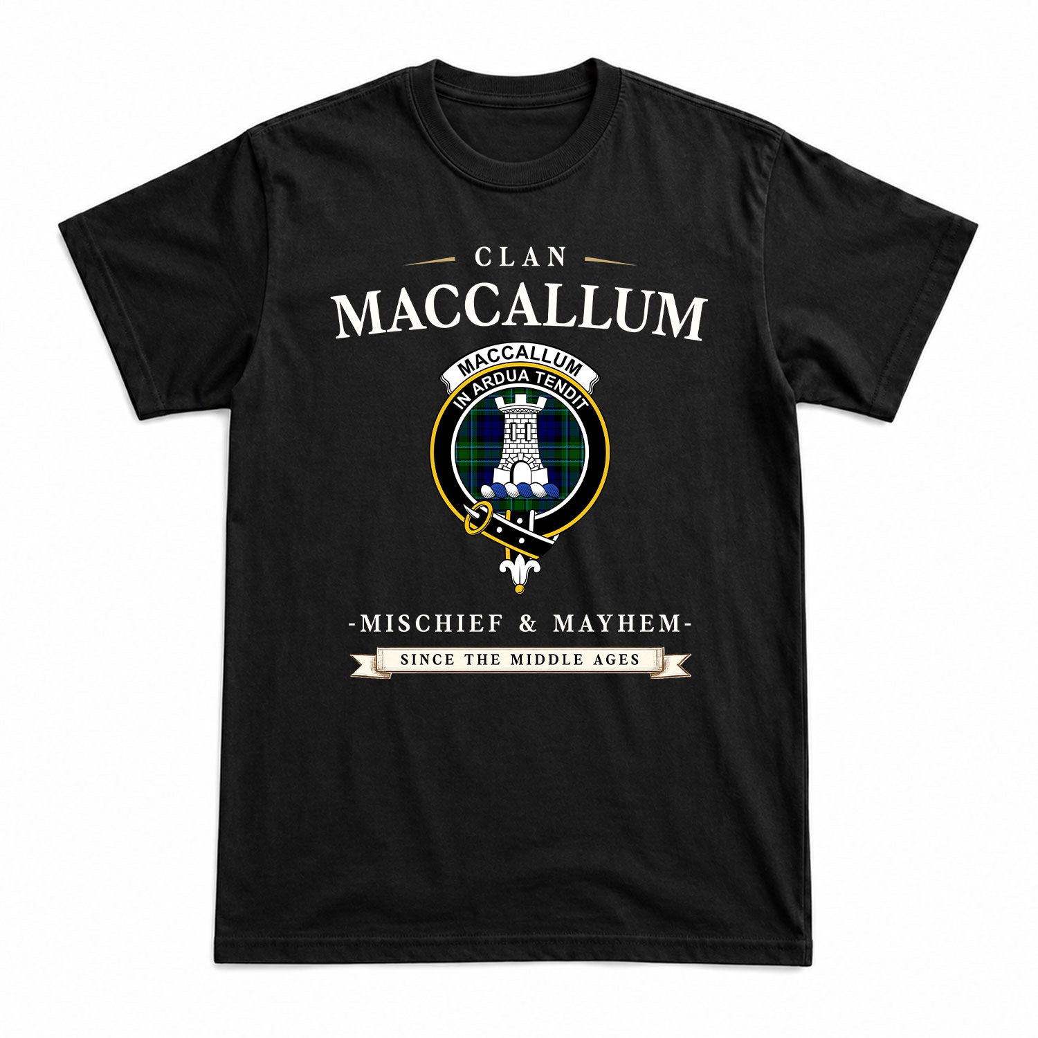 MacCallum Modern Tartan Crest Mischief and Mayhem T-shirt