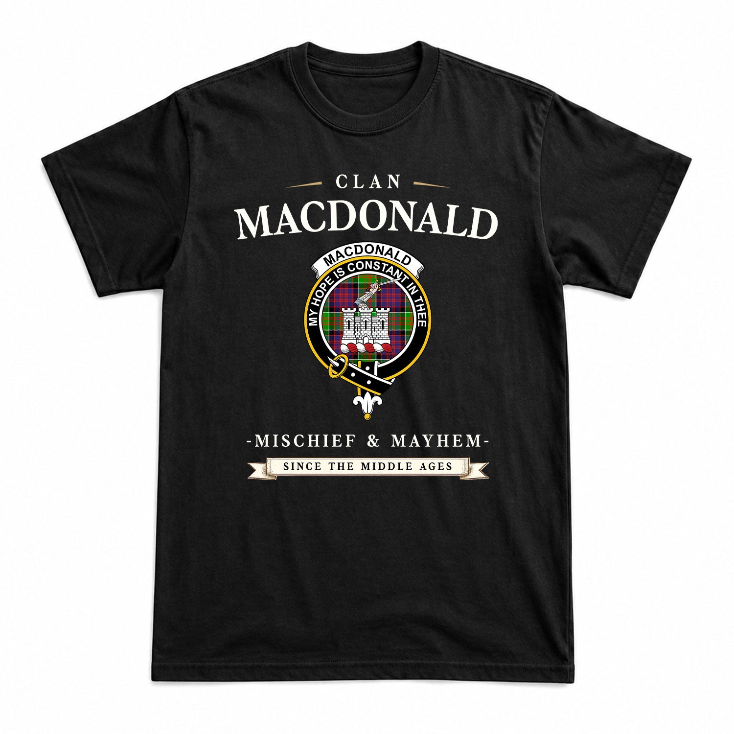 MacDonald (Clan Ranald) Tartan Crest Mischief and Mayhem T-shirt