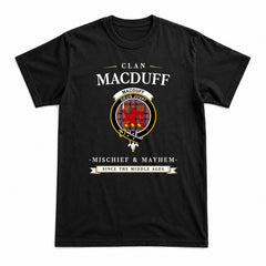 MacDuff Ancient Tartan Crest Mischief and Mayhem T-shirt
