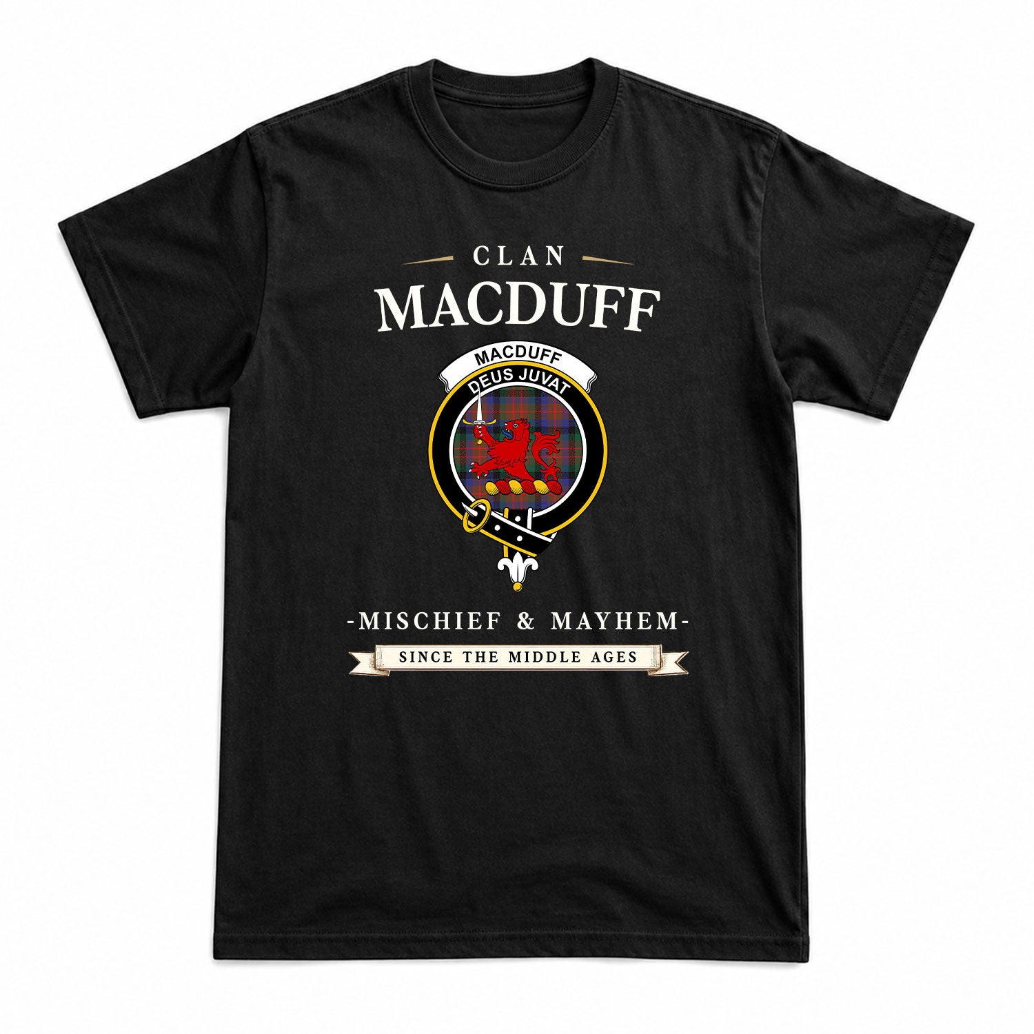 MacDuff Hunting Modern Tartan Crest Mischief and Mayhem T-shirt