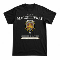 MacGillivray Hunting Ancient Tartan Crest Mischief and Mayhem T-shirt