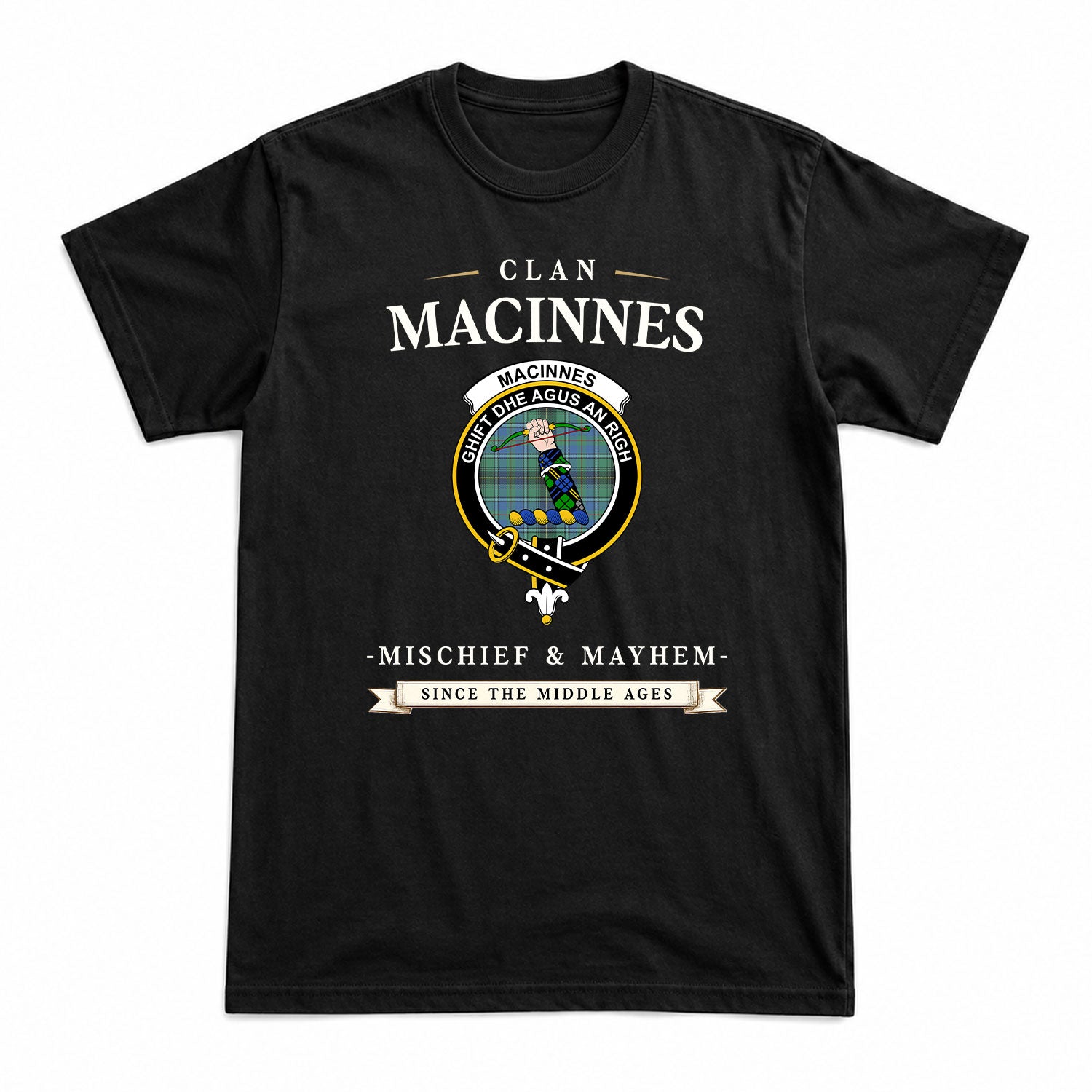 MacInnes Ancient Tartan Crest Mischief and Mayhem T-shirt