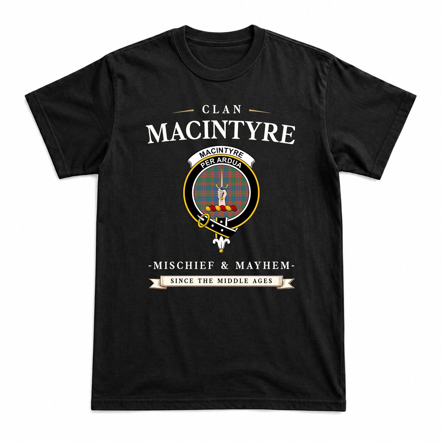 MacIntyre Ancient Tartan Crest Mischief and Mayhem T-shirt