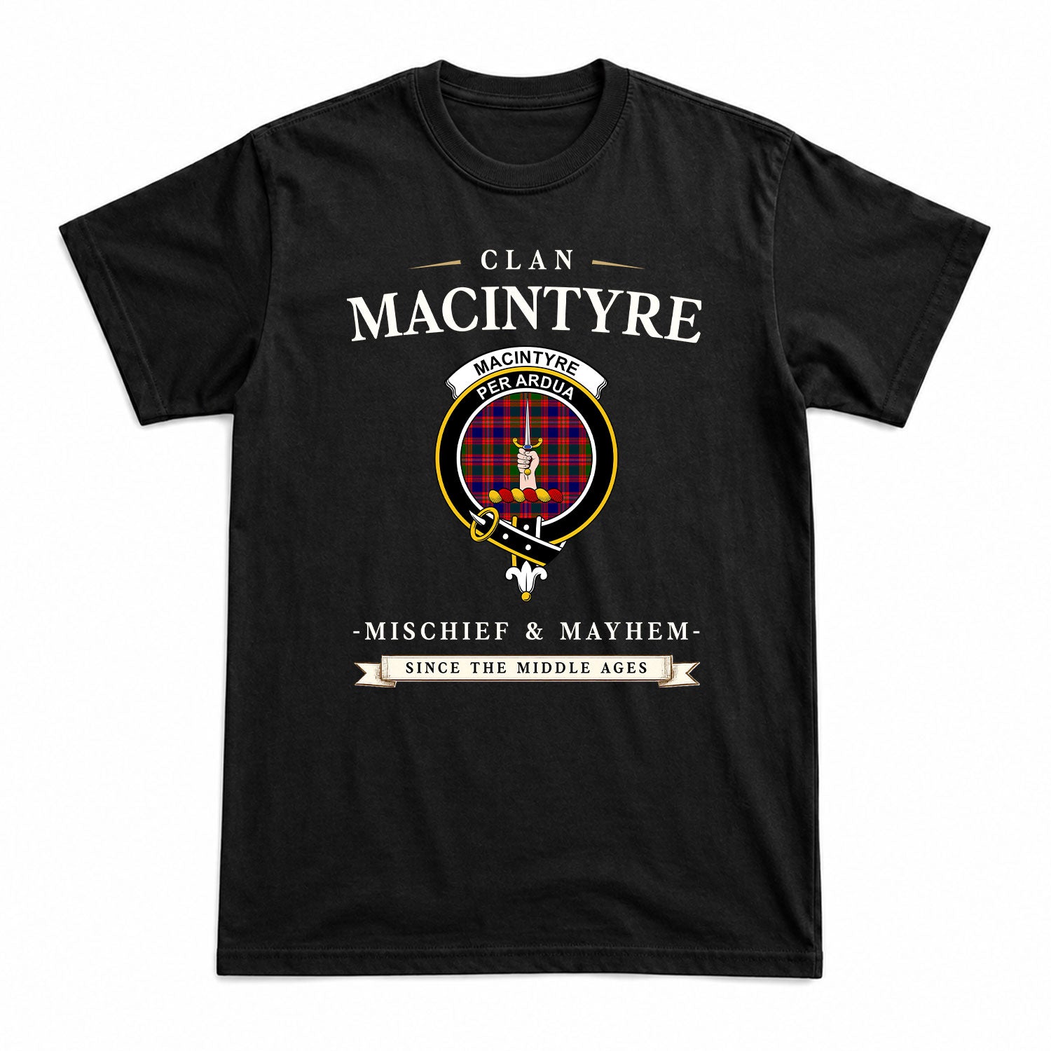 MacIntyre Modern Tartan Crest Mischief and Mayhem T-shirt