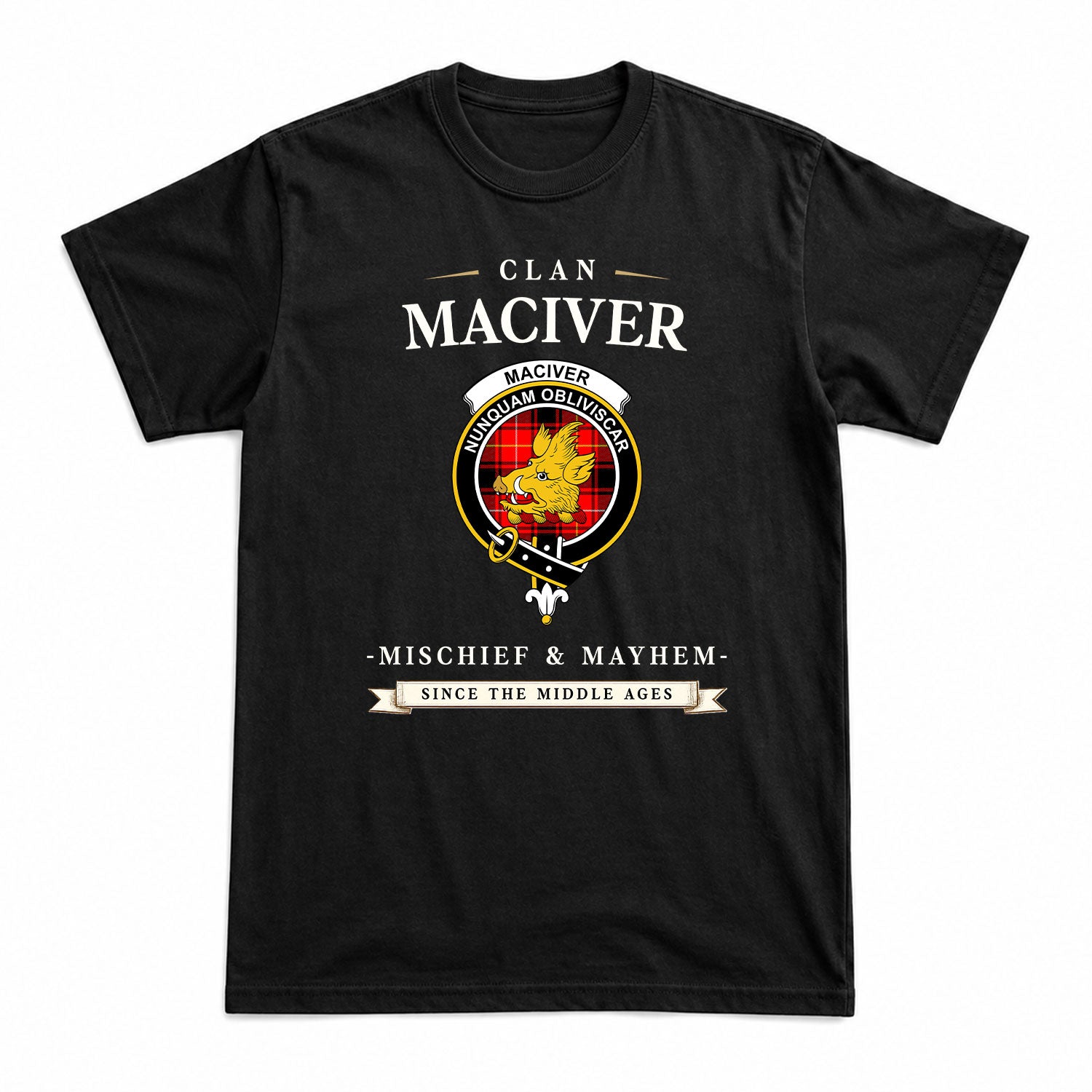 MacIver Modern Tartan Crest Mischief and Mayhem T-shirt