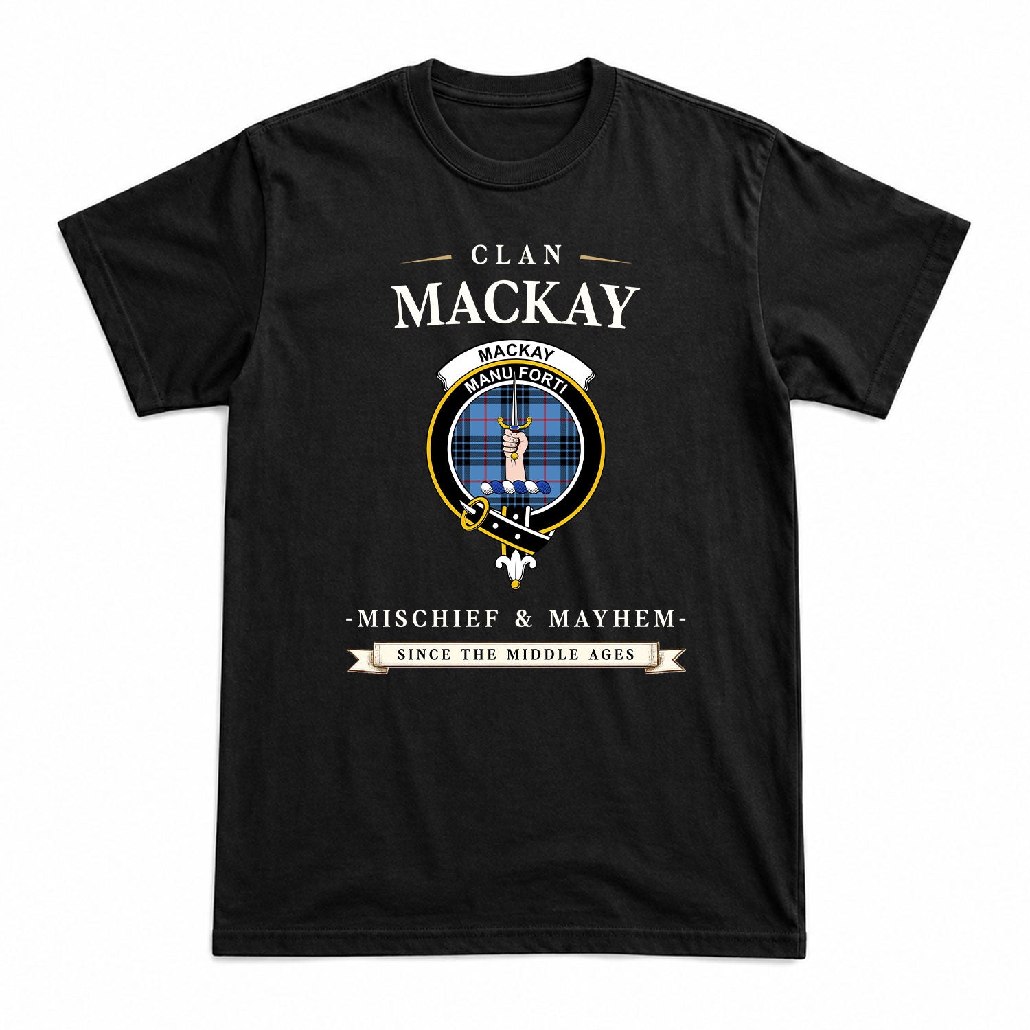 MacKay Blue Tartan Crest Mischief and Mayhem T-shirt