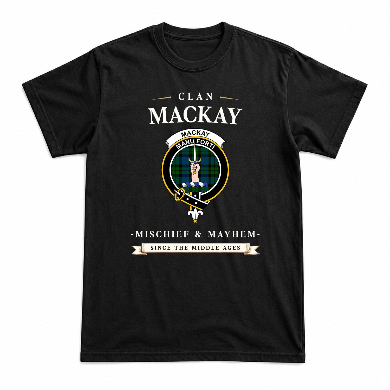 MacKay Modern Tartan Crest Mischief and Mayhem T-shirt