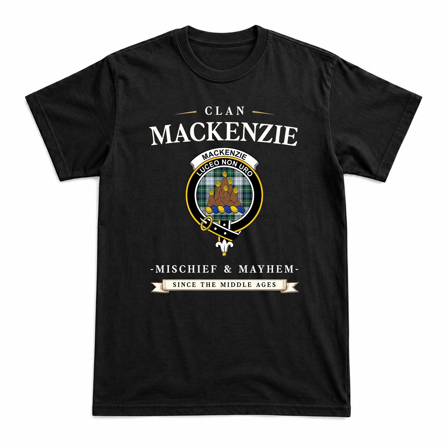 MacKenzie Dress Ancient Tartan Crest Mischief and Mayhem T-shirt
