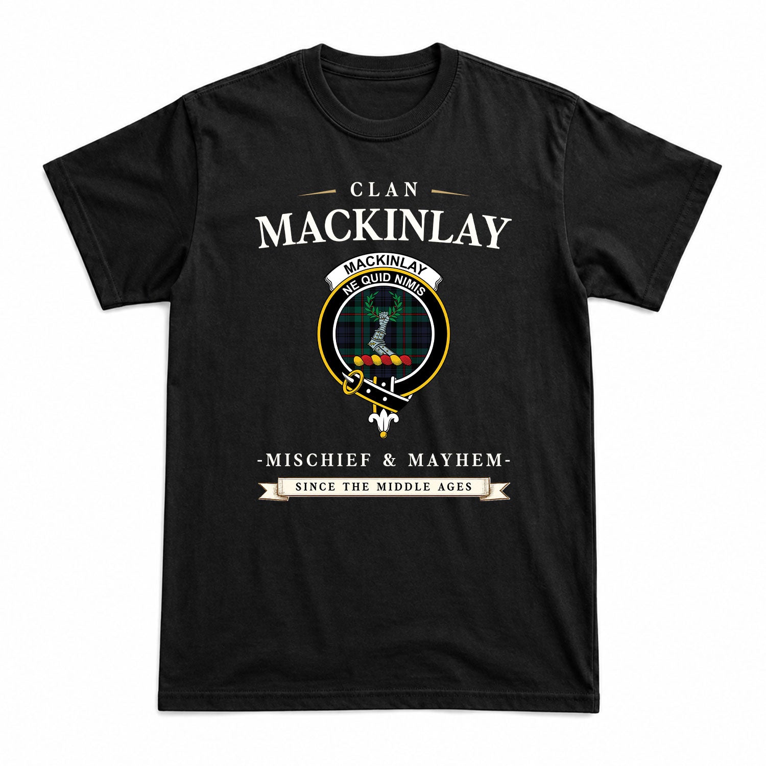 MacKinlay Modern Tartan Crest Mischief and Mayhem T-shirt