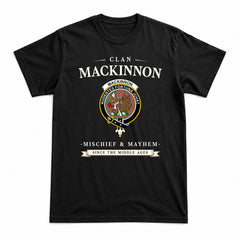 MacKinnon Ancient Tartan Crest Mischief and Mayhem T-shirt