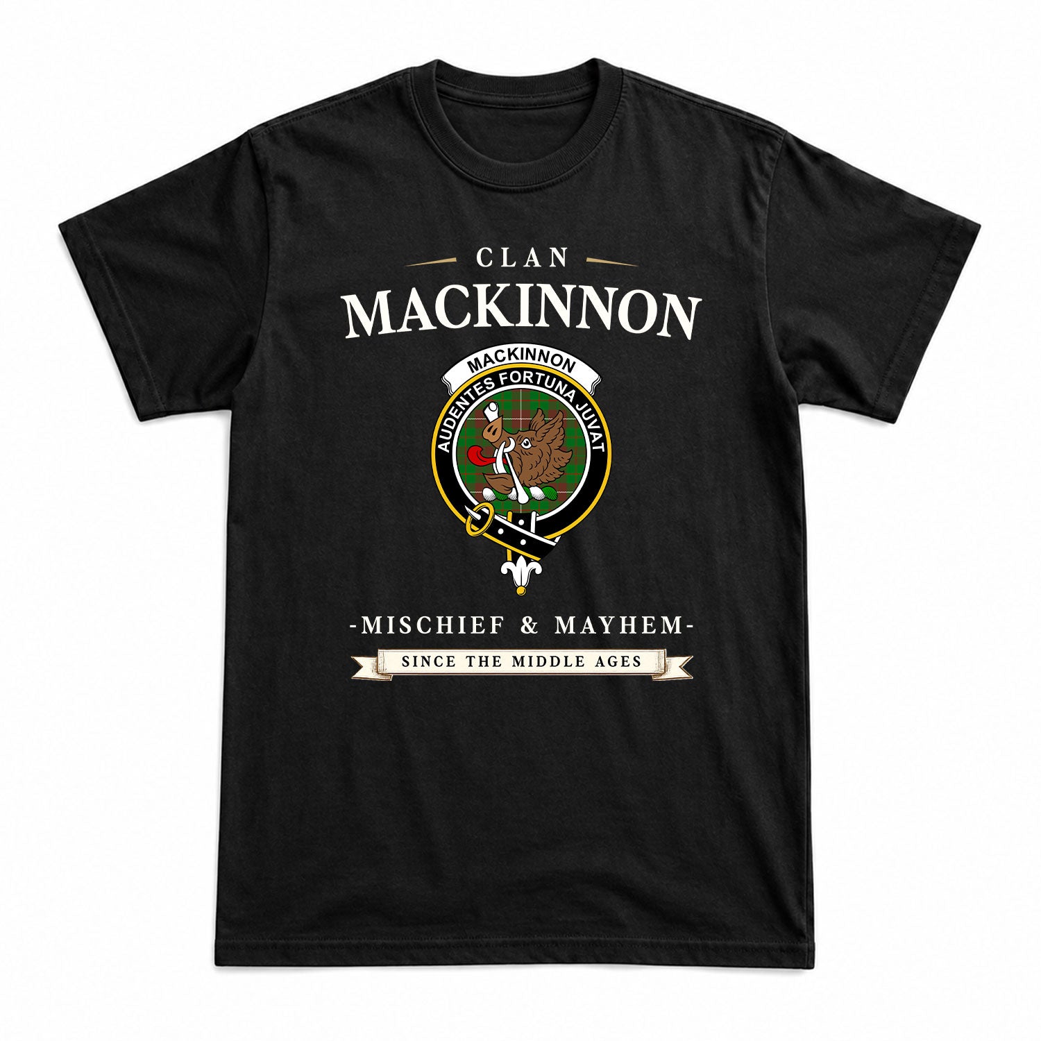 MacKinnon Hunting Modern Tartan Crest Mischief and Mayhem T-shirt