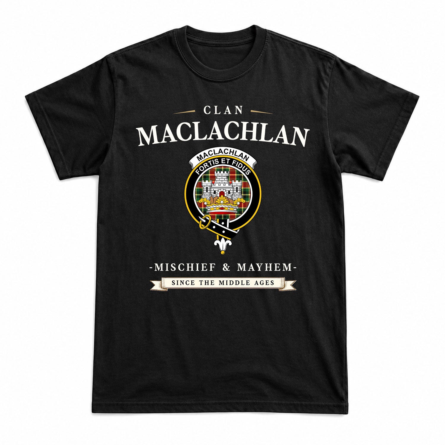 MacLachlan Hunting Modern Tartan Crest Mischief and Mayhem T-shirt