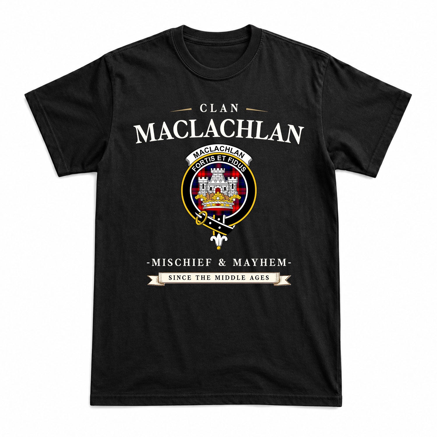 MacLachlan Modern Tartan Crest Mischief and Mayhem T-shirt